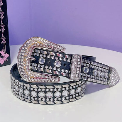 Black/White Punk Rhinestone Decorated Studs Details Waist Belt