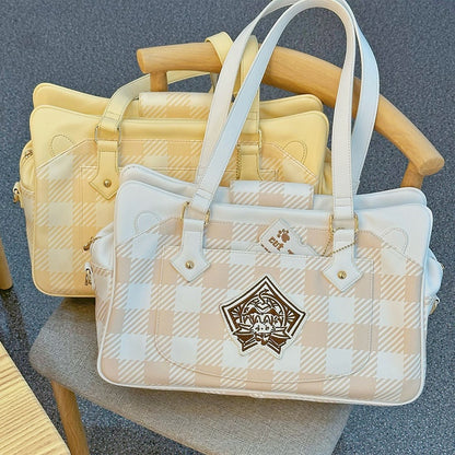 Plaid Pattern Large Capacity White Ita Tote Bag