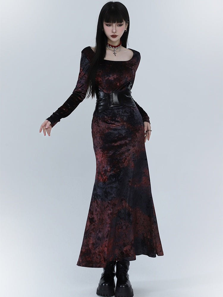 Black & Red Tie Dye Mermaid Skirt Velvet Dress