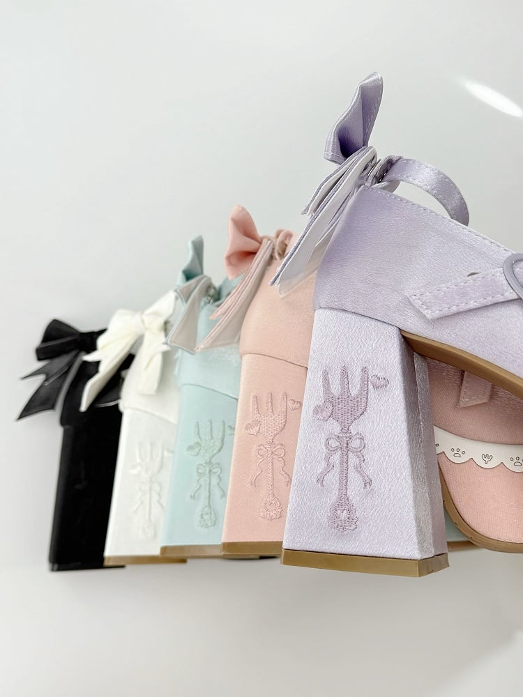 Purple Lolita Lace Bowknot Buckle Straps Fork Embroidery Platform Block High Heels