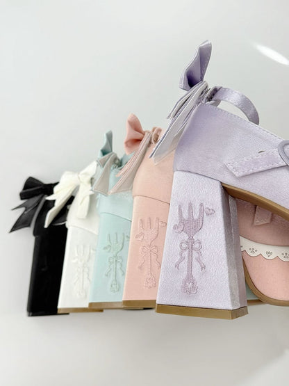 Purple Lolita Lace Bowknot Buckle Straps Fork Embroidery Platform Block High Heels