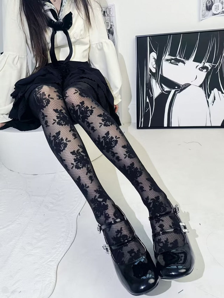 Black Floral Pattern Fishnet Tights