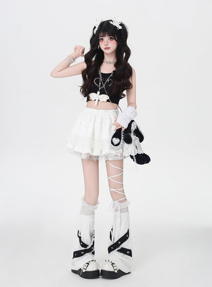 White Elastic Waist Lace Trim Balletcore Tiered Skirt