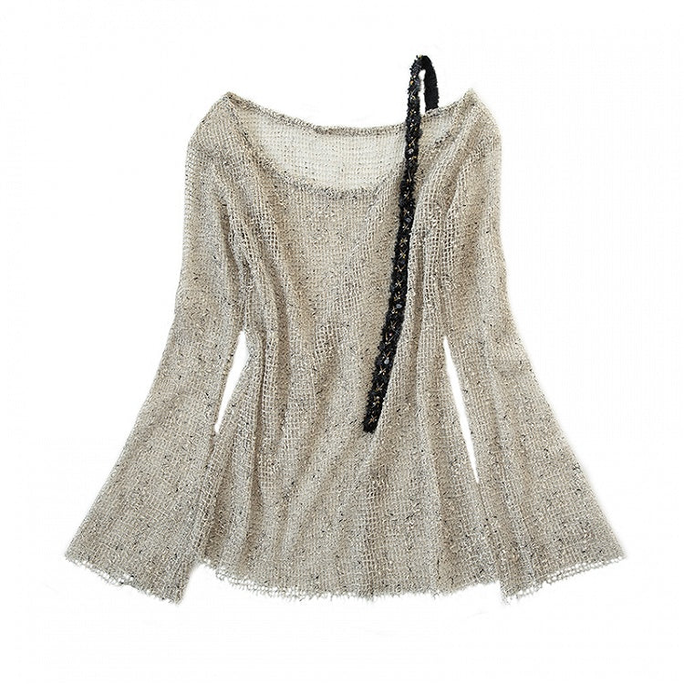 Shoulder Strap Design Punk Hollow Out Long Sleeves Top Beige/Brown/Orange