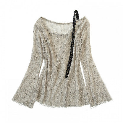 Shoulder Strap Design Punk Hollow Out Long Sleeves Top Beige/Brown/Orange