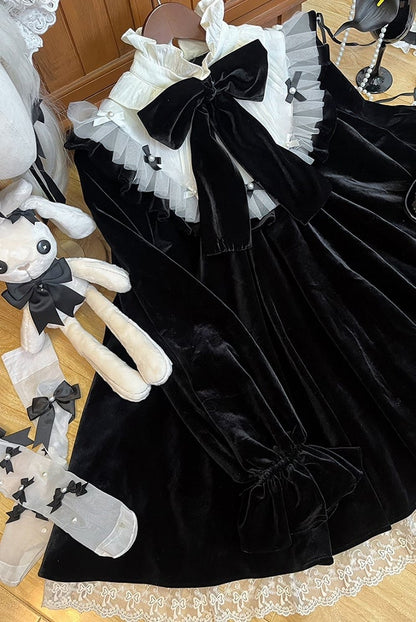 Black Big Bow Ruffled High Neck Sweet Lolita Long Sleeves Velvet Dress