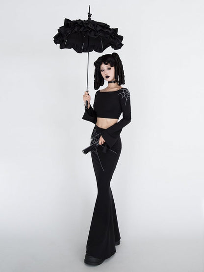 Gothic Black Spiderweb Embroidery Bell Sleeves Cropped Top