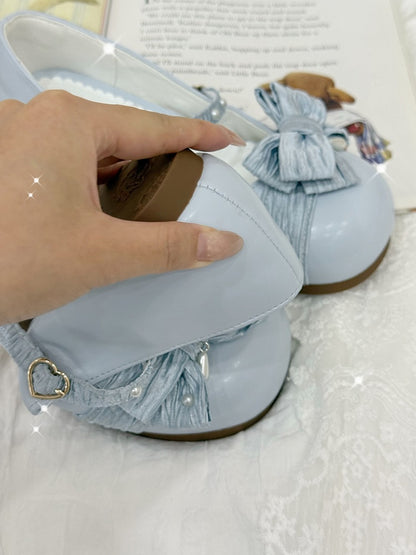 Light Blue Beaded Decorated Bow at Top Heart Buckle Round Toe Lolita Shoes