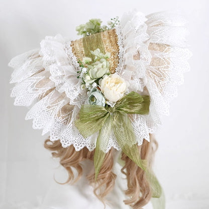 Gorgeous Country Lolita Floral Lace - Trimmed Straw Bonnet with Green Bowknot Decoration