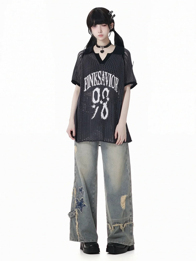 Blue Star Appliques Raw Hem Distressed Wide-leg Jeans with Waist Chain