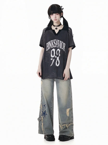 Blue Star Appliques Raw Hem Distressed Wide-leg Jeans with Waist Chain