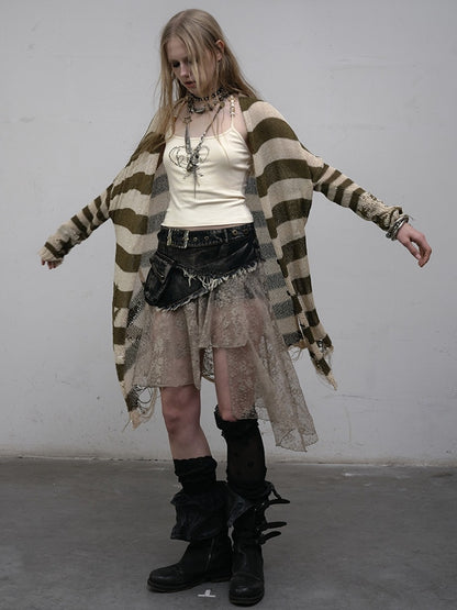 Green Wasteland Punk Striped Pattern Cardigan