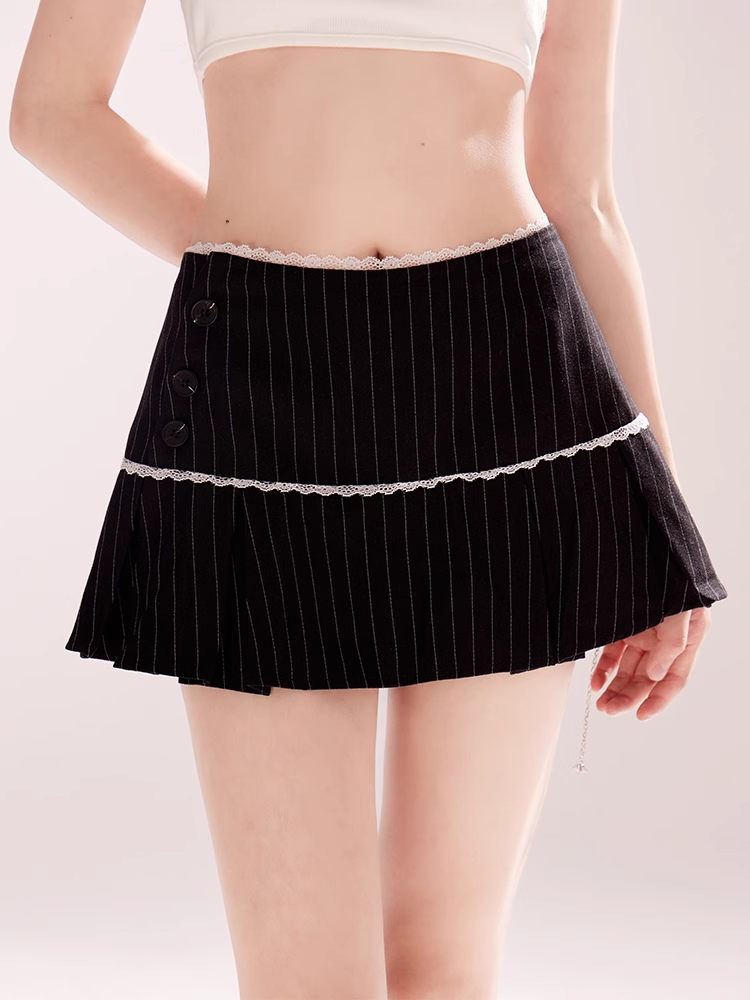 White Lace Trim Box Pleat Black Striped Mini Skirt