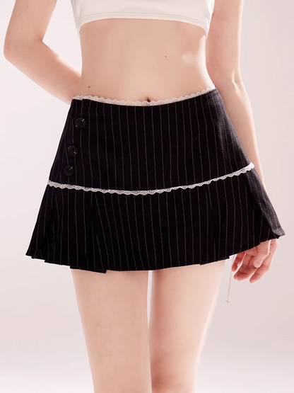 White Lace Trim Box Pleat Black Striped Mini Skirt