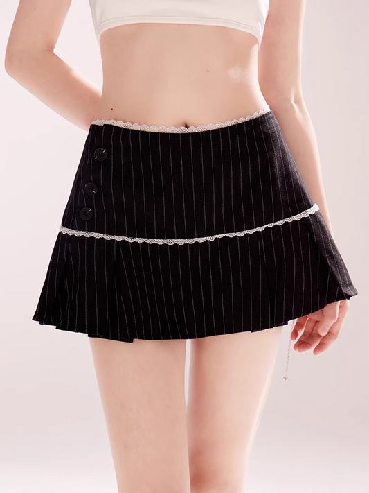 White Lace Trim Box Pleat Black Striped Mini Skirt