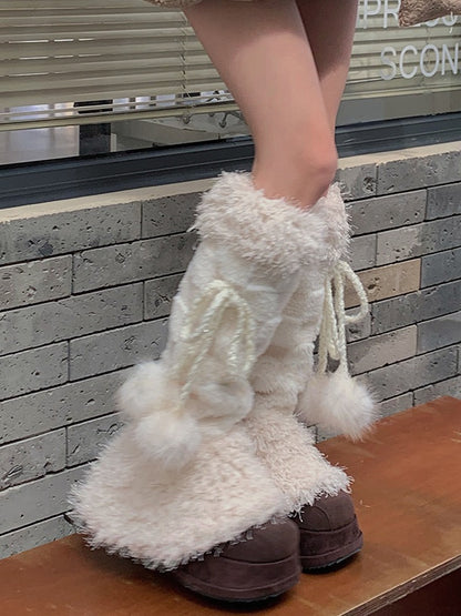 Off-white Sweet Checked Plush Leg Warmers With Pompons