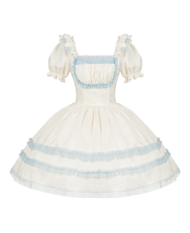 Beige and Light Blue Lace Trims Square Neckline Short Puff Sleeves Lolita Dress