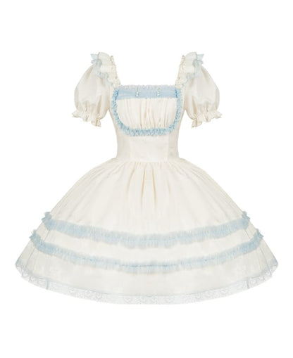 Beige and Light Blue Lace Trims Square Neckline Short Puff Sleeves Lolita Dress