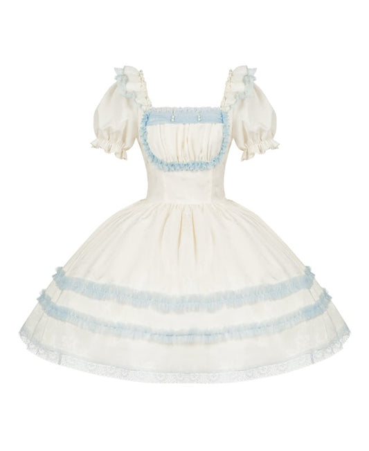 Beige and Light Blue Lace Trims Square Neckline Short Puff Sleeves Lolita Dress