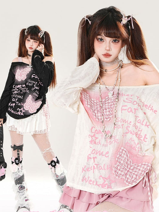 Pink Plaid Butterfly Appliques Black/White Off-the-shoulder Distressed Holes Coverup