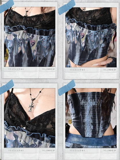 Grunge Punk Rock Fairy Style Blue Lace Cowl Neckline Boned Corset Tie Dye Cami Top