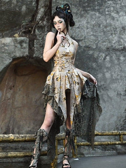 Drop Cutout Neckline with Cheongsam Halter Collar Chinoiserie Cropped Top