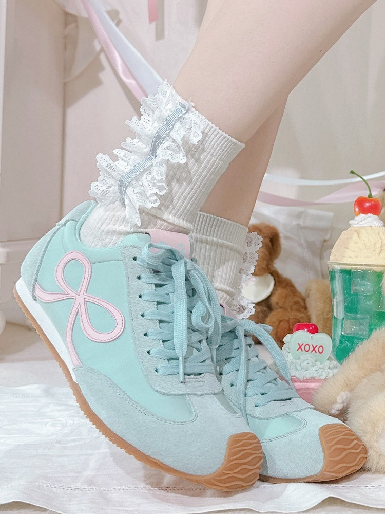Green Bowknot Design Front Lace-up Ties Sneakers