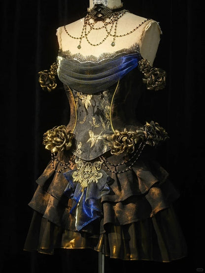 Gold Roses Decorated Black and Gold Goth Boned Corset Top