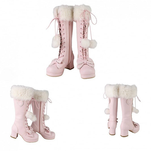 PU Pink Sweet Lolita Knee-High Boots - Plush Cuff with Bow Accents, Pompom Charm & Dual Closure