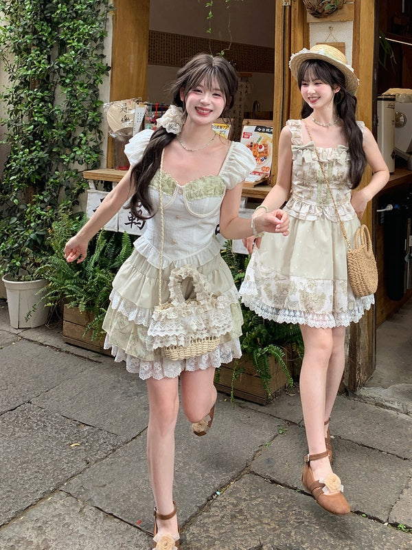 Light Green Vintage Grape Print Sleeveless Top with Detachable Bowknots