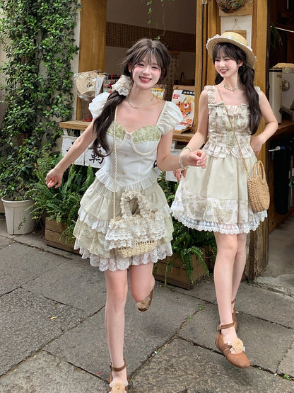 Light Green Vintage Grape Print Sleeveless Top with Detachable Bowknots