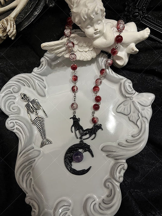 Bat Moon Pendant Gothic Witch Red / Black Beaded Necklace
