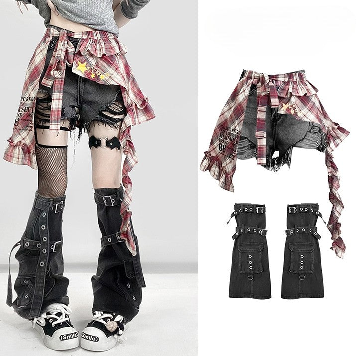 Y2K Bittersweet Black Distressed Holes Design Shorts + Leg Warmers + Red Plaid Accessory