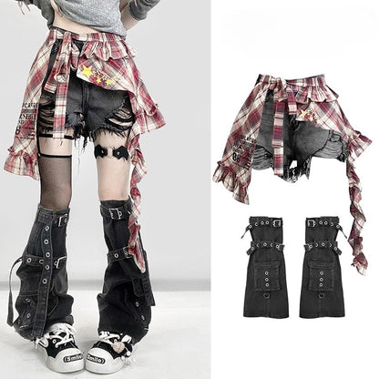 Y2K Bittersweet Black Distressed Holes Design Shorts + Leg Warmers + Red Plaid Accessory