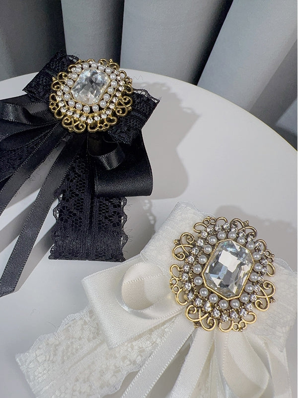 Black/White Rhinestone And Beaded Decorated Bow Tie