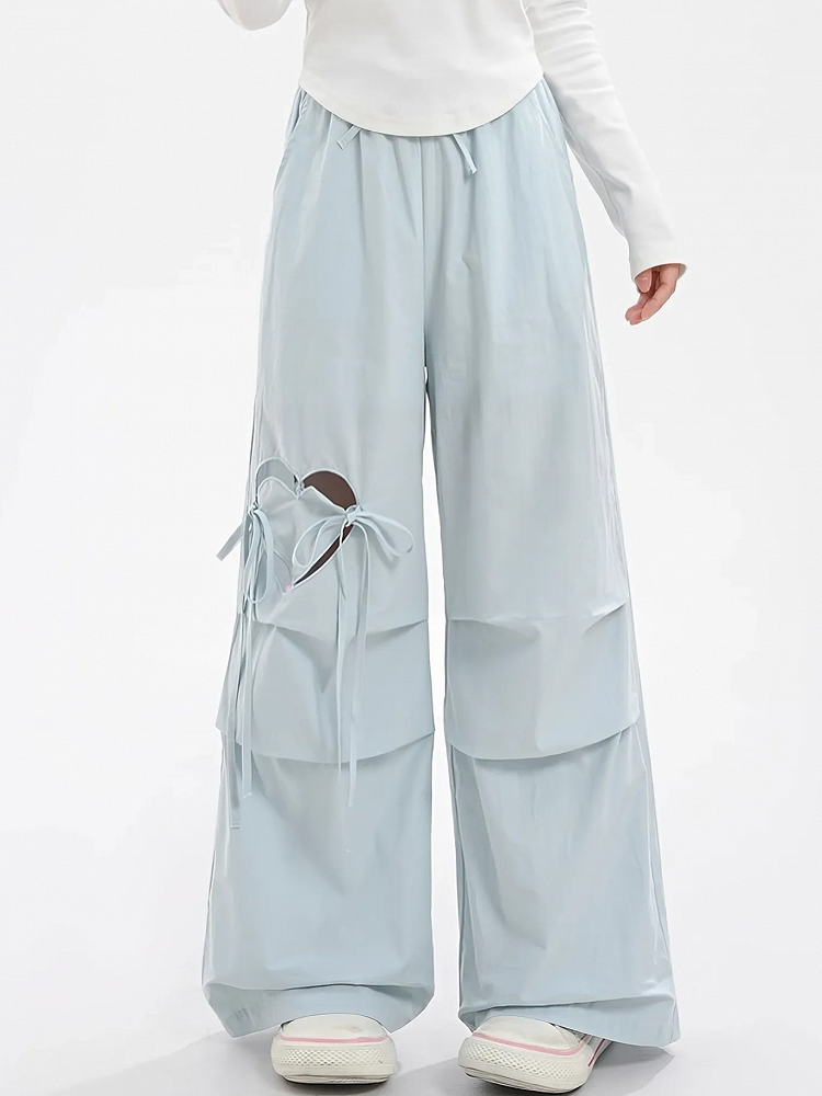 Blue/Pink Drawstring Waist Heart-shaped Cutout Wide-leg Pants