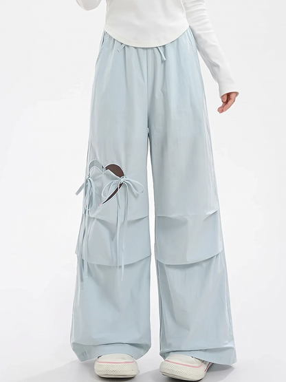 Blue/Pink Drawstring Waist Heart-shaped Cutout Wide-leg Pants
