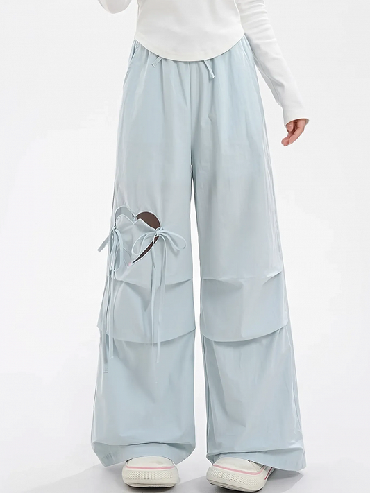 Blue/Pink Drawstring Waist Heart-shaped Cutout Wide-leg Pants
