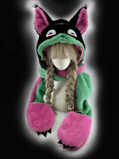 Black Pink and Green Cat Gothic Winter Plush Hat with Scarf Gloves