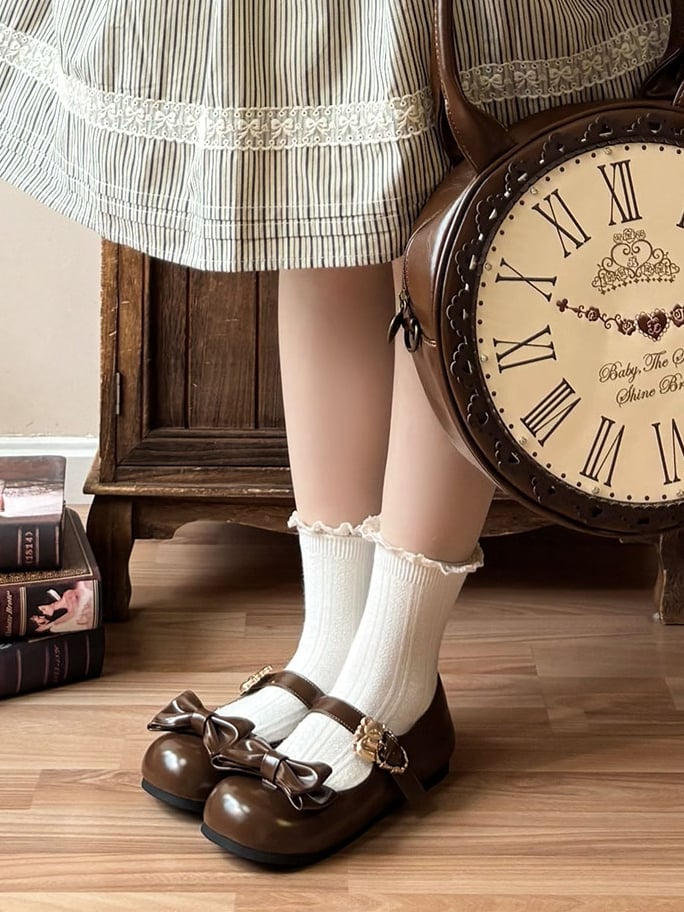 Brown Bow at Top Sweet Lolita Flats with Hugging Bear Heart Buckles