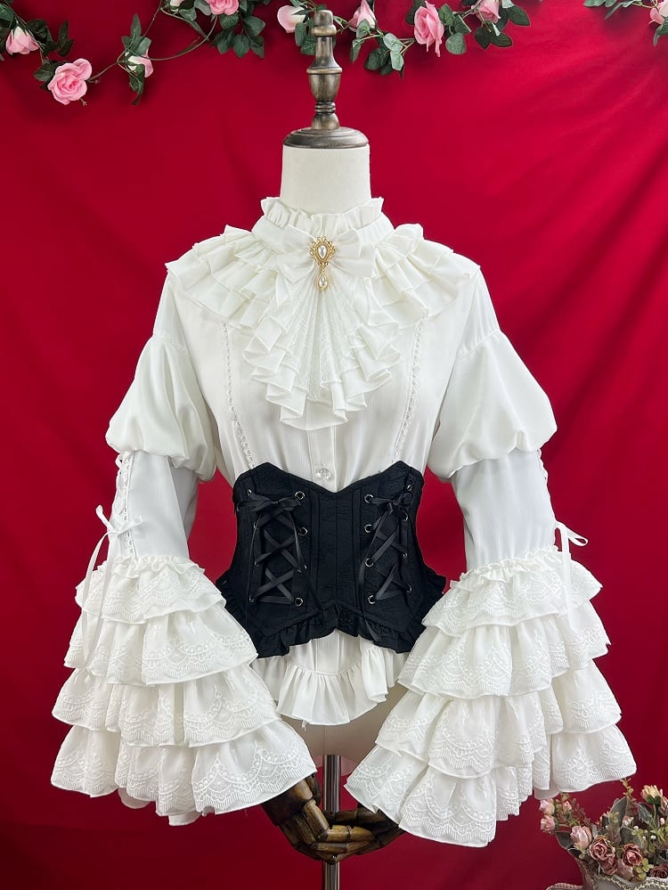 White Layered Bell Sleeves Shiro Gothic Lolita Shirt with Jabot Tie