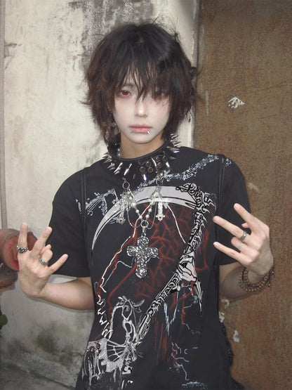 Dark Vintage Black T-Shirt with Grim Reaper Print