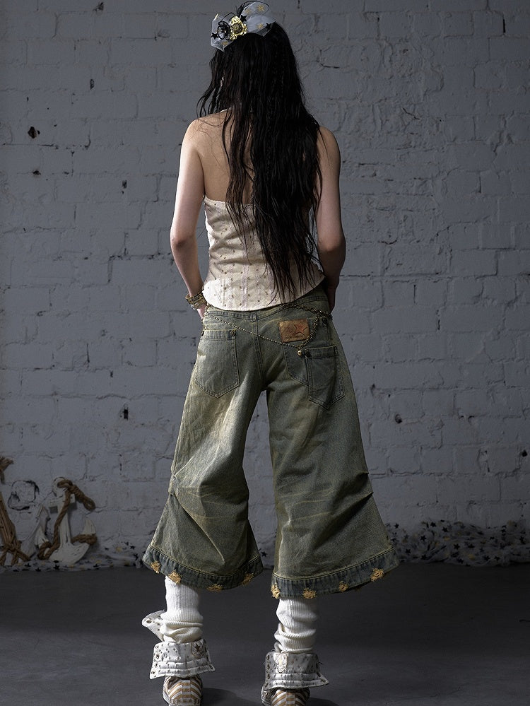 Blue/Yellow Faded Wash Distressed Holes Angel Wing Embroidery Vintage Punk Wide-leg Jeans