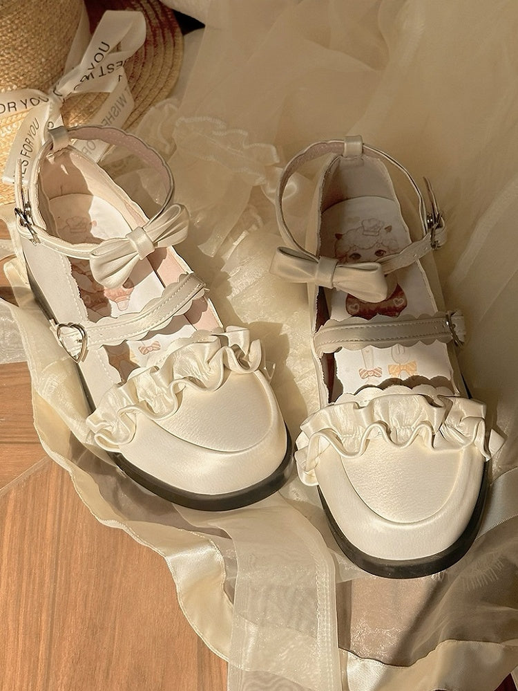 White Ruffles Trim Bowknot Decorated Heart Buckles Lolita Shoes