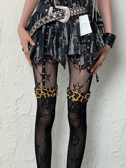 Black Y2K Leopard Pattern Cuffs Semi-sheer Over-knee Stockings
