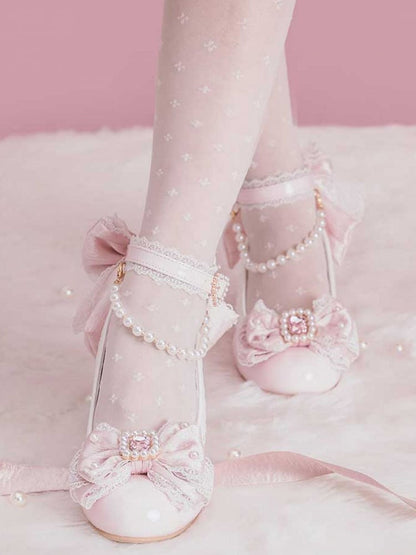 Pink Beaded And Rhinestone Decorated Bow at Top Lace Trim Mary Janes With Detachable Beaded Chain