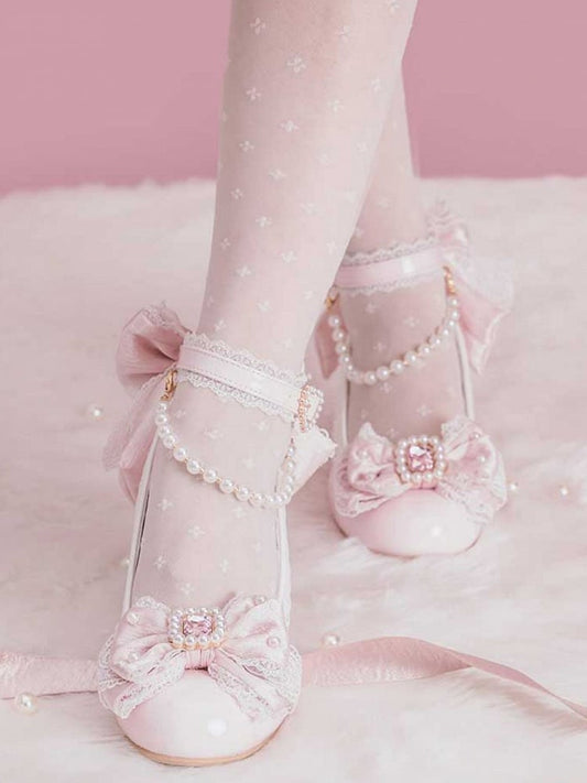Pink Beaded And Rhinestone Decorated Bow at Top Lace Trim Mary Janes With Detachable Beaded Chain