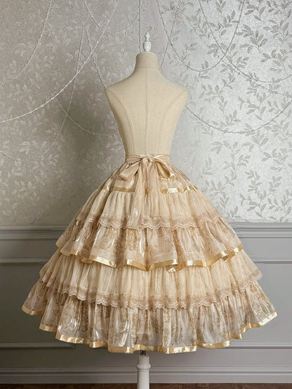 Champagne Bunny and Kitty Print Lolita Tiered Ruffle Skirt