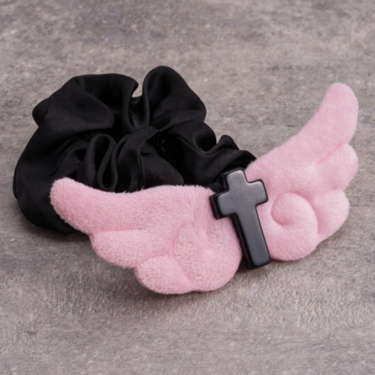 Pink Angel Wings Handmade Black Cross Scrunchie
