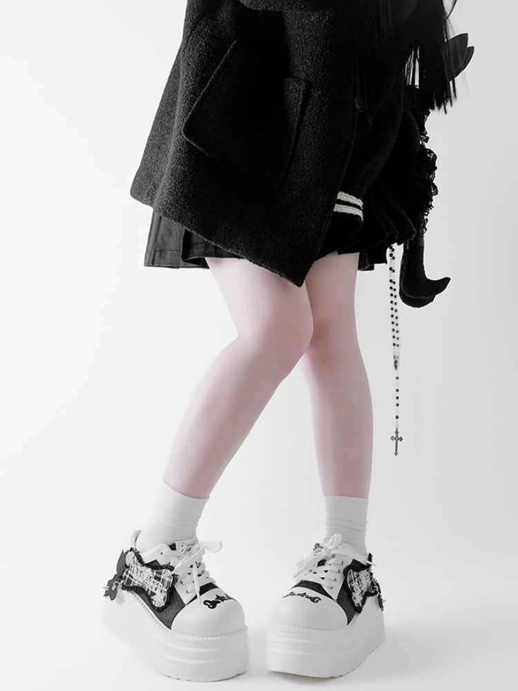 Black & White Punk Bone Applique Silver-tone Studs Platform Shoes